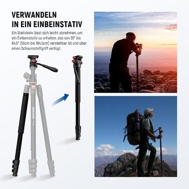 Штатив для камери NEEWER з моноподом, 72 дюйми, алюміній, міцна конструкція для DSLR, екшн-камер, відеокамер, кульковий голковий вушко 360°, платформа Arca-Swiss, максимальне навантаження 15 кг, серветка для очищення