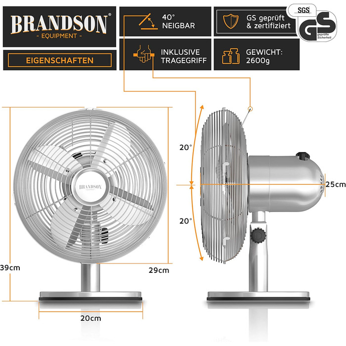 Настільний вентилятор Brandson з мідним дизайном: 3 швидкості, осциляція 80°, кут нахилу 40°, металевий корпус (сріблястий матовий)