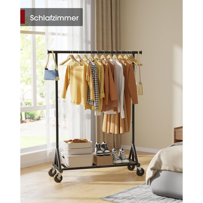 Підвісна штанга для одягу на колесах – міцна конструкція з нержавіючої сталі з сітчастою полицею, багатофункціональний вішак для одягу для спальні, пральні, магазину (Чорний, 110 x 42 x 163.3 см)