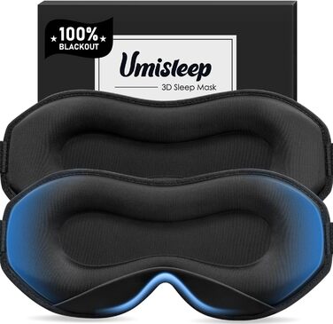 Маска для сну Umisleep для тих, хто спить на боці, 3D-конструкція, регульована гумка, блокує світло, дихаюча, для чоловіків та жінок, підходить для подорожей та йоги (Чорний/Чорний)