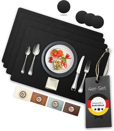 Table Placemats Washable 4-Pack – Sustainable, Stable & Non-Slip – High-Quality Recycled Leather, Made in Germany (Black)