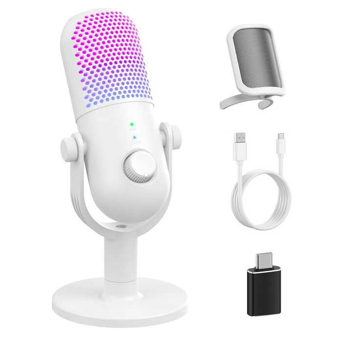 USB Мікрофон для ПК, Gaming RGB Mikrofon PS4/PS5 - для стрімінгу, YouTube, подкастів (білий)