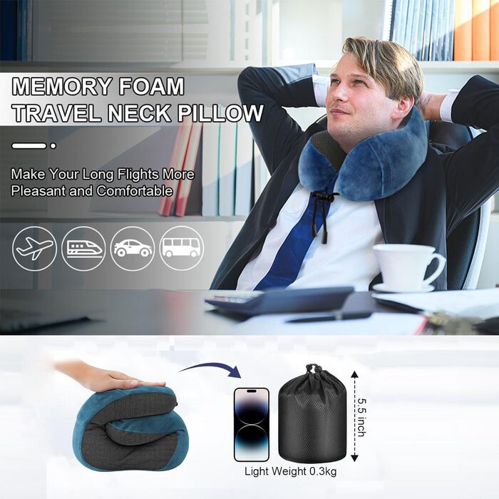 Подушка для шиї у літак, подорожі: Memory Foam, ергономічна, для автомобіля, офісу (Блакитний)
