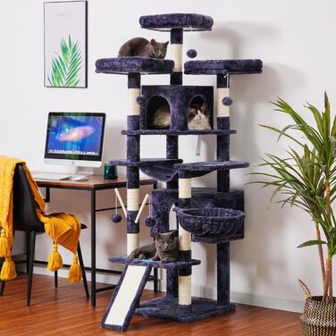 Великий котячий будиночок Kratzbaum, 180 см XXL, стабільний з мотузкою з сизалю, велика царапальня, кошик, 3 платформи та 2 будиночки, сірий, EMPJ034G