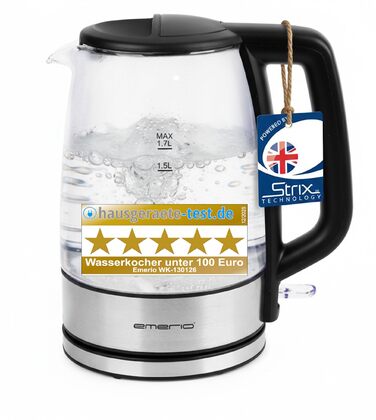 Електричний чайник EMERIO з об'ємом 1.7 л, синя LED-підсвітка, 360° підставка, скло Borosilikat, без BPA | WK-119988.7