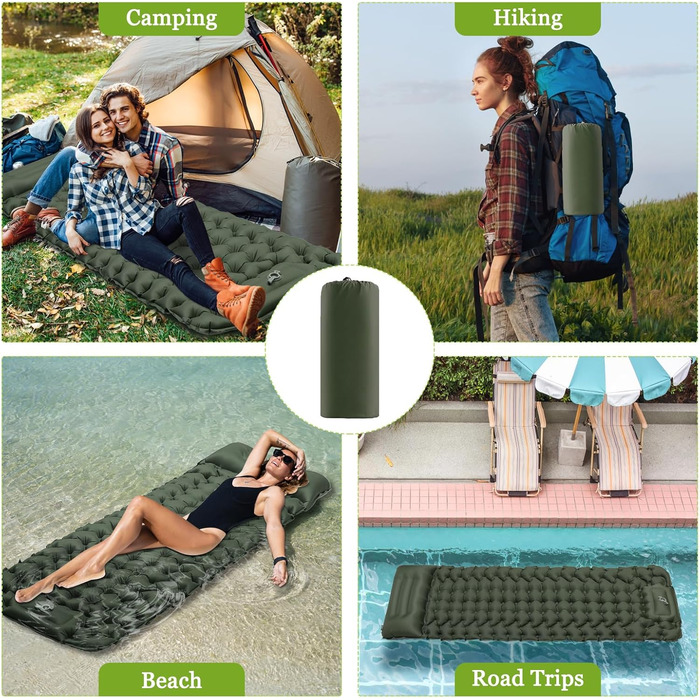 Каремат Satisure для кемпінгу надувний з насосом, водонепроникний, ультралегкий, зелений - для туризму, відпочинку на природі
