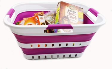 SAMMART 30L Collapsible 3-Handle Plastic Laundry Basket - Foldable Pop-Up Storage Container/Organizer - Portable Wash Basin - Space-Saving Basket/Bin (White/Purple)