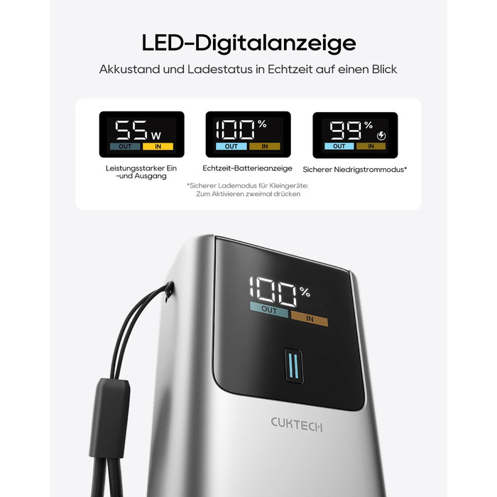 Повербанк CUKTECH 10 Mini 45W 10000mAh з LED-дисплеєм, портативний зовнішній акумулятор USB-C для iPhone 16 15 14 13 12, Samsung S23, iPad