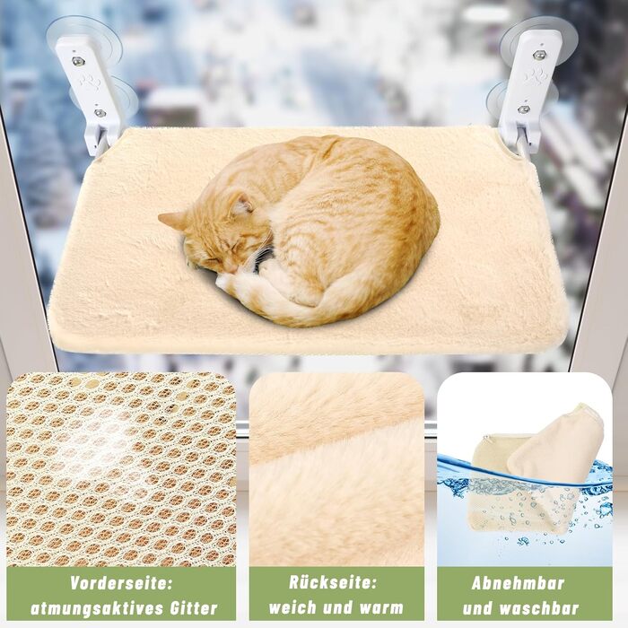 Лежанка для котів на вікно 60x30 см, гамак для котів зі стабільними присосками, складане ліжко для котів на вікно, лежанка на підвіконня для котів до 20 кг, (Чотири сезони XL, Бежевий)