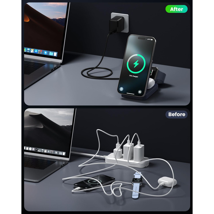 3-в-1 Бездротовий зарядний пристрій з MagSafe, Qi2, для iPhone 16/15/14/13/12, Apple Watch, AirPods, білий (блакитний)