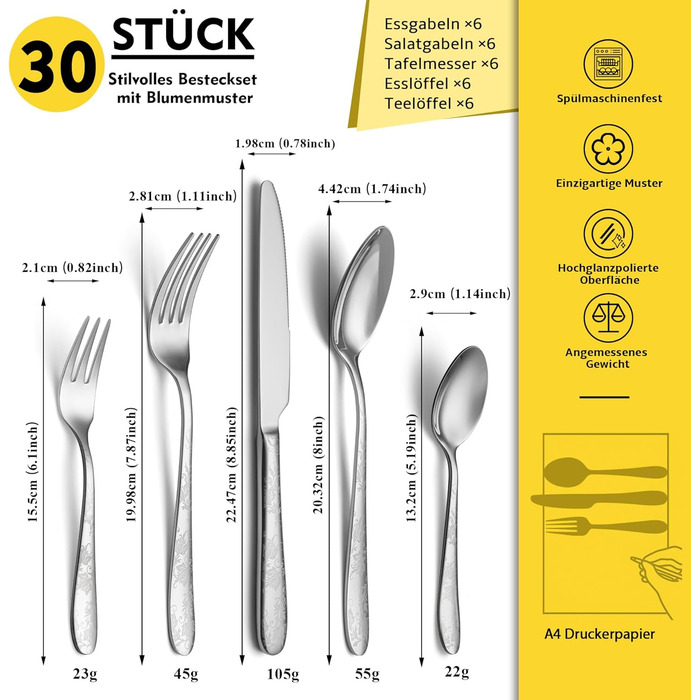 Набір столових приборів EIUBUIE з нержавіючої сталі 30 предметів, з квітковим малюнком, полірований, для 6 осіб, для дому та вечірок, можна мити в посудомийній машині