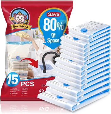 BoxLegend Vacuum Bags, 15-Piece Storage Bags, Travel Bags, Thicker Vacuum Clothes Bags 1XXL+2XL+5L+5M+2S Reusable for Clothing, Comforters, Bedding, Pillows, Wool Blankets, Curtains
