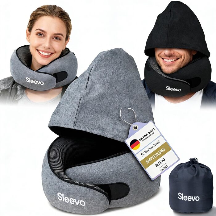 Подушка для шиї в літак з капюшоном та Memory Foam – Подушка-білка, подушка для сну та подорожей – Ергономічна подушка для подорожей, захист від світла & Пральна, з сумкою – Чорний (M) (Сірий M)