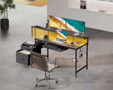 Ігровий стіл Coleshome з LED підсвічуванням, 140x48 см, з ящиками з тканини, стіл для комп'ютера з 2 розетками та 2 USB-портами, стіл для геймінгу з підставкою для монітора для дому/офісу, чорний 140x48 см