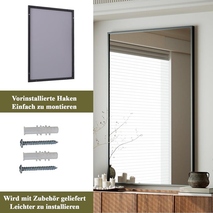 Дзеркало настінне прямокутне BEAUTYPEAK 81x61 см з металевим каркасом, безпечне, для ванної, спальні, вітальні (Чорний)