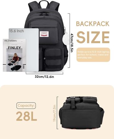 Шкільний рюкзак Tanou для дівчаток-підлітків, 9-16 років. Великий, водонепроникний, з брелоком (чорний)