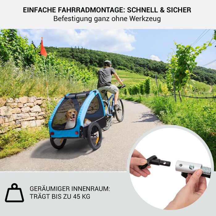 Фарм-причіп Klarfit Husky City для собак, блакитний. З підвіскою, світловідбивачами та невеликим кошиком.