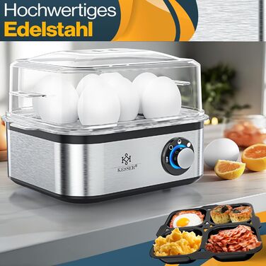 Електричний яйцеварка KESSER® на 1-8 яєць з нержавіючої сталі, 500W, функція підігріву, LED-регулятор, 3 ступені нагріву, BPA-Free, придатний для миття в посудомийній машині, мірна склянка, утримувачі для яєць та форма для омлету, срібно-чорний/срібний
