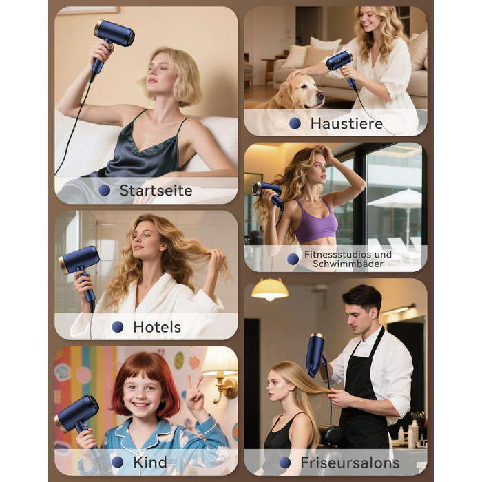 Іонізатор для волосся Föhn, 1800W, з насадкою-дифузором, 3 режими температури, безліч налаштувань швидкості, портативний фен, Marineblau (морський блакитний)