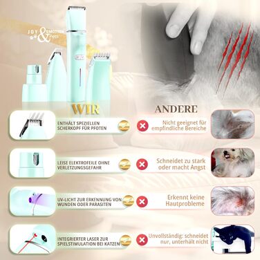 Машинка для стрижки тварин Joy & Emotion® 6-в-1: для котів та маленьких собак, з лазером та УФ-світлом, бездротова, тиха