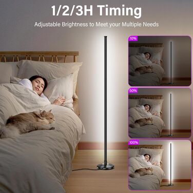 LED торшер для вітальні 145 см RGB, диммування, керування пультом/APP, 16 млн кольорів, 300 режимів, музичний режим, DIY, чорний