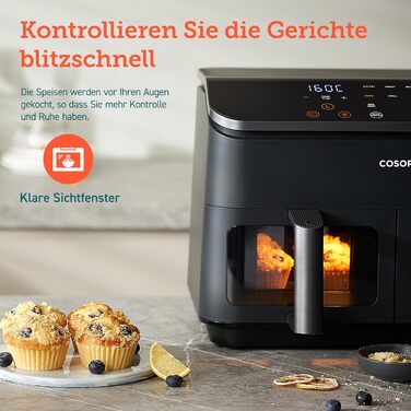 Фритюрниця з двома камерами COSORI Airfryer 8,5 л, 8-в-1, подвійна зона, з віконцем, енергозберігаюча, для 1-5 осіб, чорна