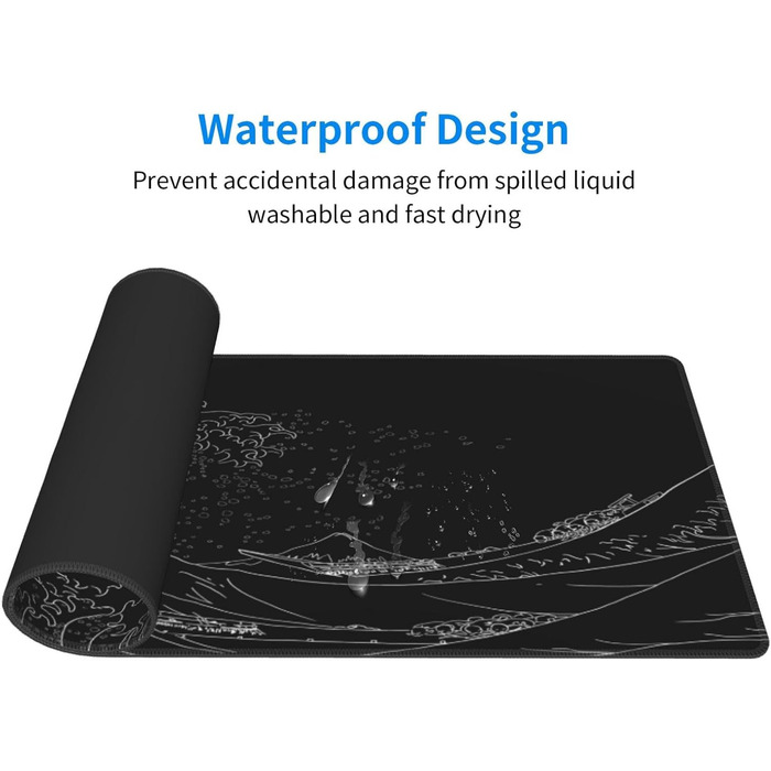 Ігровий килимок для миші Japanisches Gaming-Mauspad, 80 x 30 см, чорний, з гумовою основою, водонепроникний, з прошитими краями, для геймінгу, офісу, дому (Чорна хвиля)
