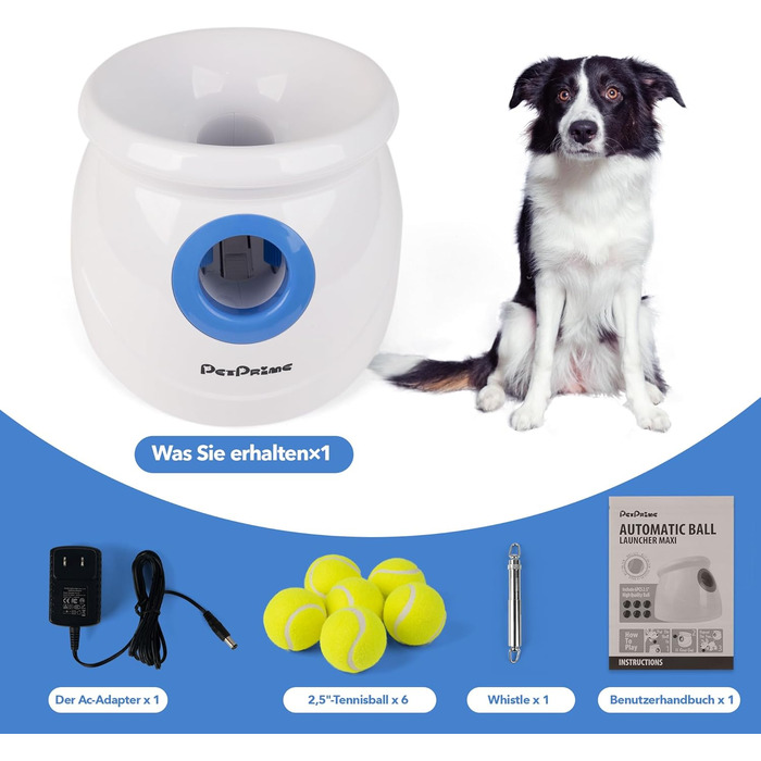 Автоматична машинка для метання м'ячів Pet Prime для великих собак, 10-40 футів, 6 тенісних м'ячів 2,5''