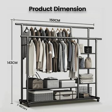 Легкий металевий вішак для одягу на колесах з полицями (білий/чорний)