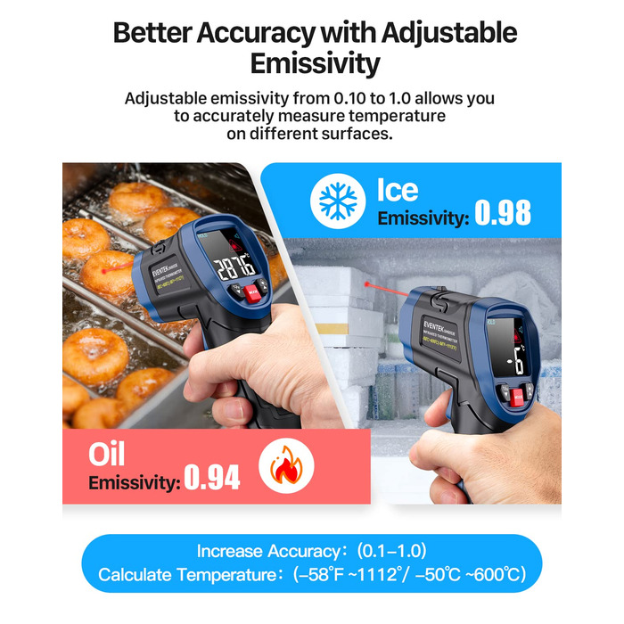 Інфрачервоний термометр Eventek -50°C до 600°C з лазером, регульований коефіцієнт випромінювання, цифровий, для гриля, піци, кухні, промисловості