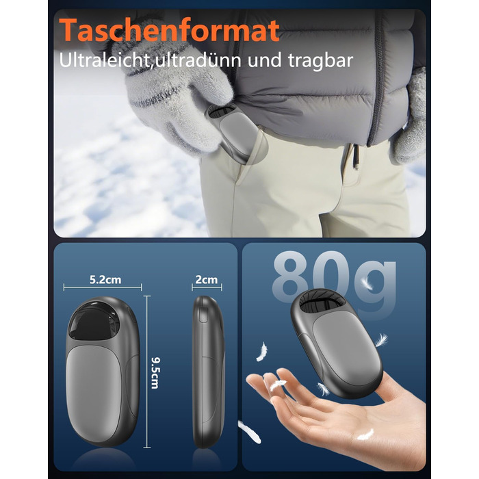 Електричні грілки для рук - 2 шт. з LED-дисплеєм, 3 режими нагріву, акумуляторні, для дітей, чоловіків, жінок - чорні