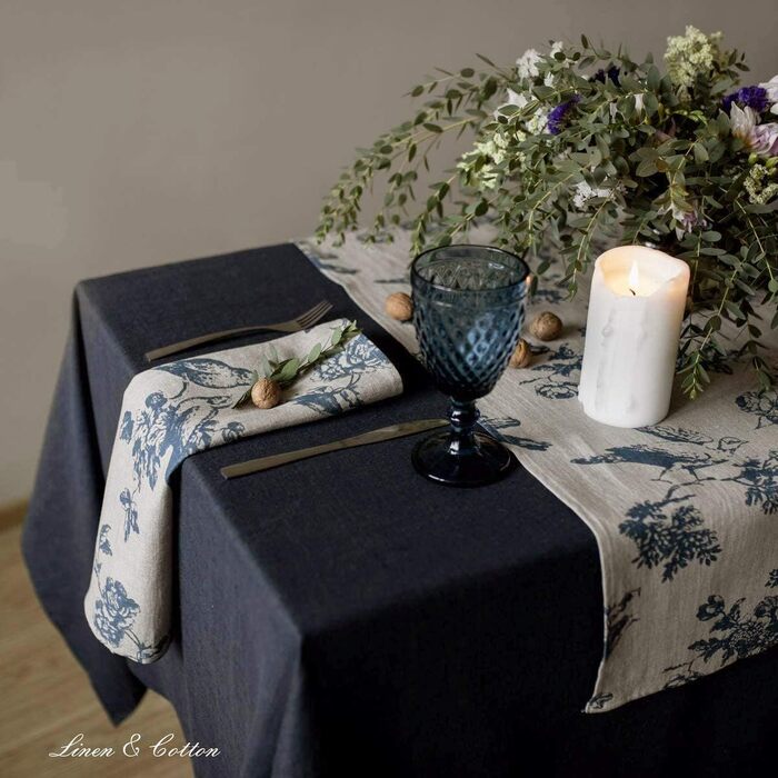 Linen & Cotton High-Quality Vintage 4 x Fabric Napkins Napkins Linen Napkins Flores with Floral Pattern - 100% Linen, Beige Blue (43 x 43 cm) for Home Kitchen Dining Room Decoration