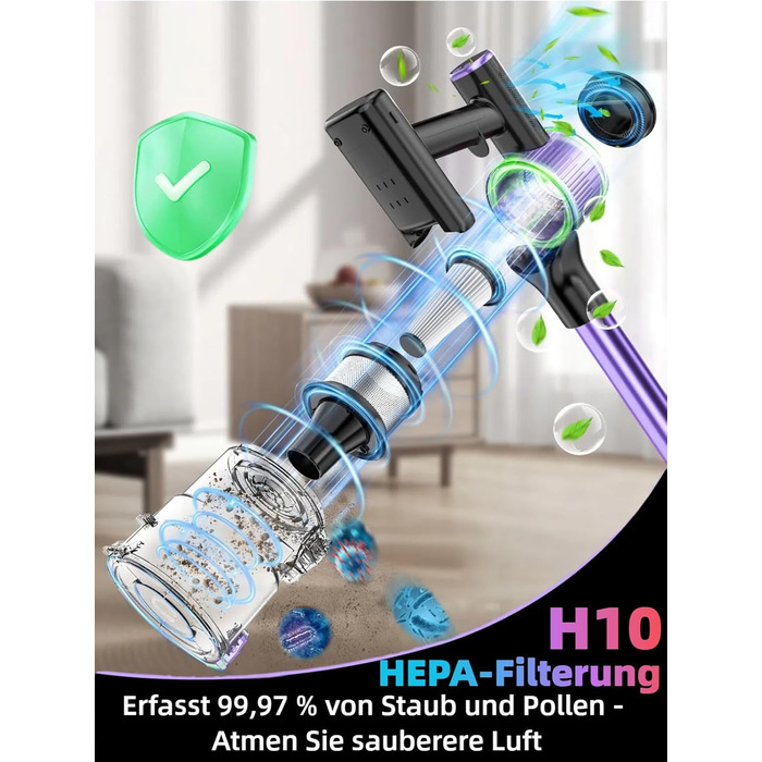 Бездротовий акумуляторний пилосос 45000 Па/500 Вт/45 хв з LED-дисплеєм та щіткою проти намотування, висувний шланг 73 см для твердих поверхонь, килимів, шерсті тварин, фіолетовий