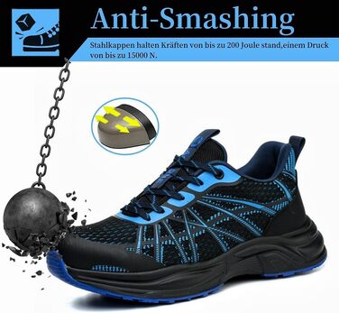 Черевики безпеки для чоловіків та жінок. Легкі спортивні робочі черевики з металевим носком, неслизькі, дихаючі. Розмір 44 EU, синій.