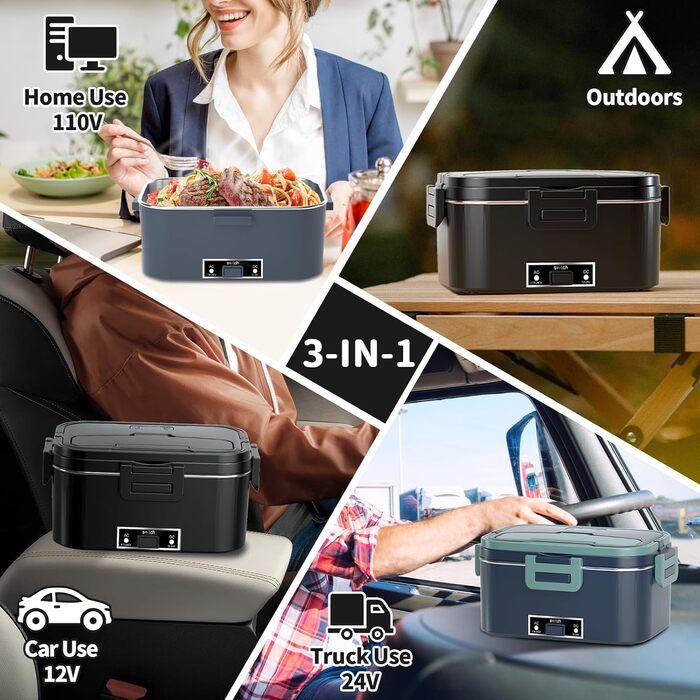 Електрична ланчбокс SOOOEC 100W, 3-в-1 з нержавіючою сталею, 12V/24V/220V для авто/офісу, з ізольованою сумкою (Оранжево-Чорний)