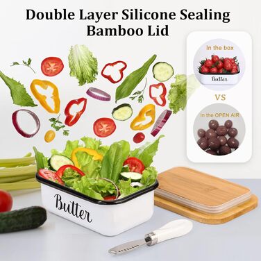 Butter dish with lid and butter spreader knife for countertop - Unbreakable metal container with high-quality double silicone seal, for kitchen farmhouse decor