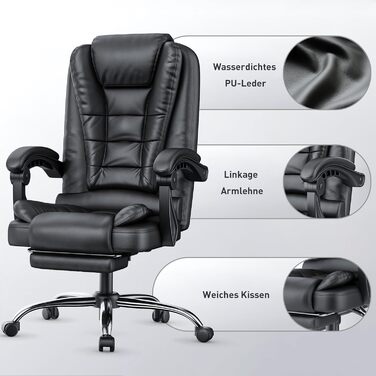 Офісний крісло-шезлонг для кухні/офісу Naspauluro: ергономічний комп'ютерний стілець з високою спинкою, підлокітниками та регулюванням висоти, функція нахилу, поворотний, з підніжкою (чорний)