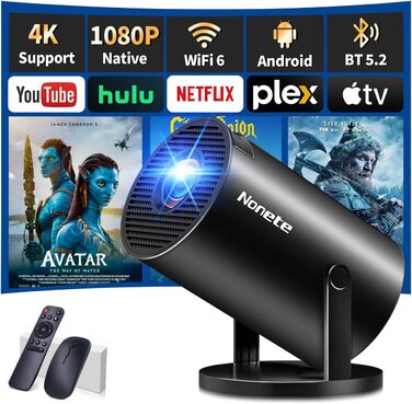 Портативний проєктор Mini Beamer 4K з WiFi 6, Bluetooth 5.2 та Android, 1080P Full HD, автоматична корекція трапеції, підтримка PC/HDMI/USB, з пультом та мишкою, чорний