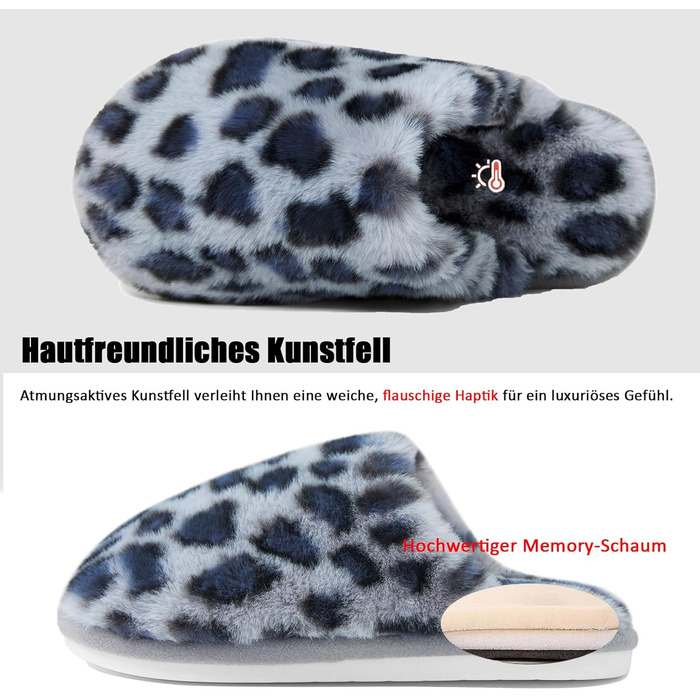 Тапочки зимові для жінок та чоловіків, теплі, з плюшем, з пам'яттю форми, антиковзкі, унисекс, розмір 40.5/42 EU, сірий леопард