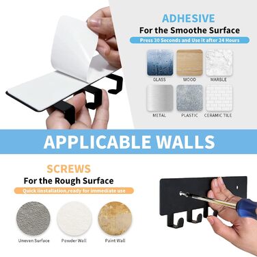 Настінний тримач для ключів GTK з 6 гачками, чорний. Настінна організація, ключниця для коридору