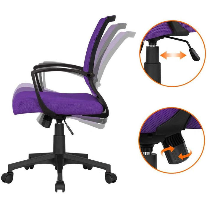 Офісне крісло Yaheetech ергономічне з сітчастою спинкою, регульоване, з підлокітниками, для офісу та дому, 136 кг, фіолетовий