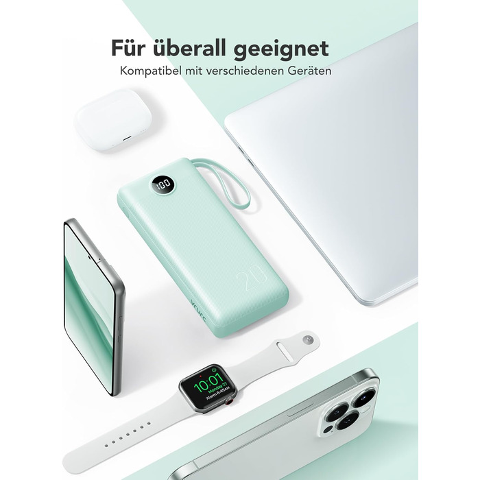 Power Bank VRURC 20000mAh з USB-C, 22.5W, LED дисплей - Зовнішній акумулятор для iPhone, Huawei та інших (Зелений)