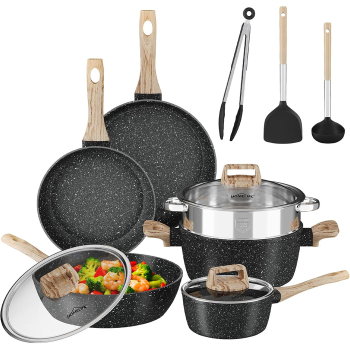 Набір посуду HOMELUX Induktion: 12 предметів, алюміній, антипригарне покриття, з кришками, без PFOA/PFOS, чорний