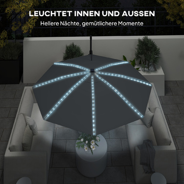 Сонячний парасоль з алюмінію Outsunny з LED-підсвіткою, сонячний, Ø300см, регульована висота, парасоль з ручним підйомом, стійка, SPF 50+, водовідштовхувальний, 360° обертання, торговельний парасоль, регульований нахил, садовий парасоль, захист від сонця 
