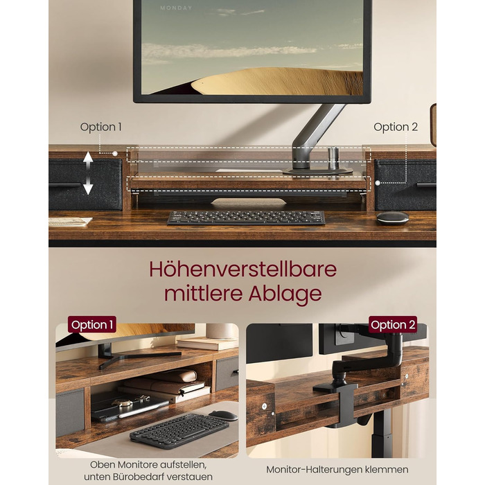 VASAGLE Electric Standing Desk - Adjustable Height, 140x60cm, with Monitor Stand, Power Strip, Hooks, Memory Function - Vintage Brown
