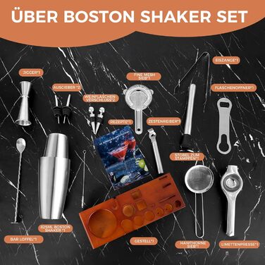 Набір для коктейлів Sosayet, нержавіюча сталь, з аксесуарами та рецептами, 750 мл, для початківців та професіоналів, подарунок для чоловіків (з підставкою)