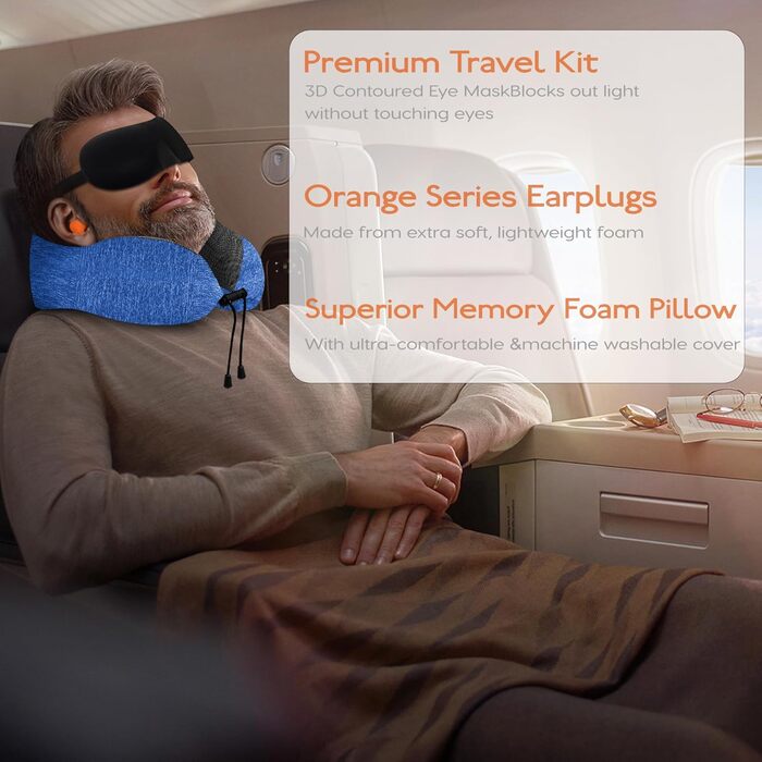 Подушка для шиї у літак - туристична подушка з Memory Foam - портативна подушка для подорожей - з 3D-маскою для сну та берушами - ідеальна для літака, авто, дому, офісу, подушка для сну (Блакитна)