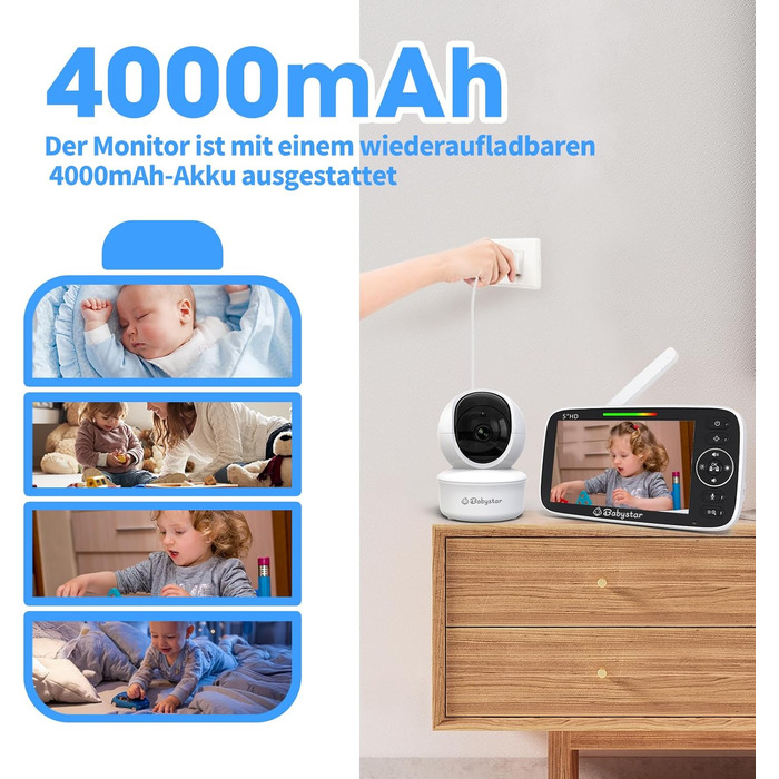 Дитячий відеоняня Babystar з камерою, 5 дюймів, 720P HD, без Wi-Fi, акумулятор 4000 mAh, Vox-функція, датчик температури, нічне бачення, 2-сторонній аудіо