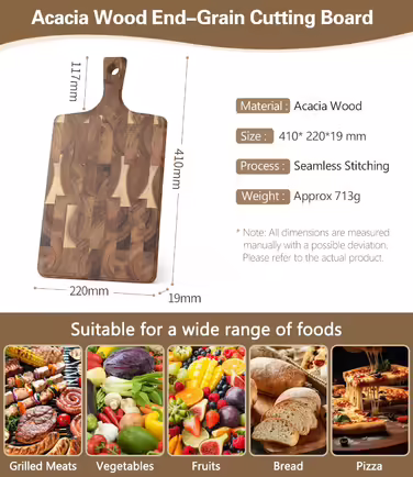 XINZUO Cutting Board made of Acacia Wood 41 * 22 * 1.9cm Rectangular Serving Board with Handle, Chopping Board Cheese Grill Board Reversible Wooden Board for Kitchen, Snack Board, Breakfast Board