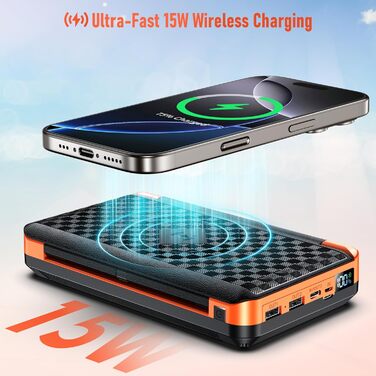 Портативний зарядний пристрій 63200mAh з сонячною панеллю: Power Bank з 3 сонячними панелями, 22.5W USB-C, швидка зарядка, SOS ліхтарик, цифровий дисплей, для кемпінгу, чорно-оранжевий